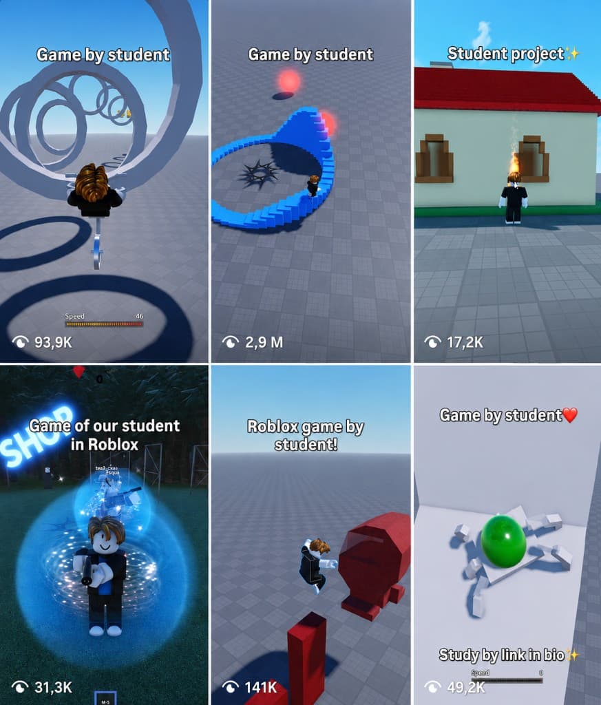 Instagram reels of student Roblox games with view counts from 17K to 2.9 million